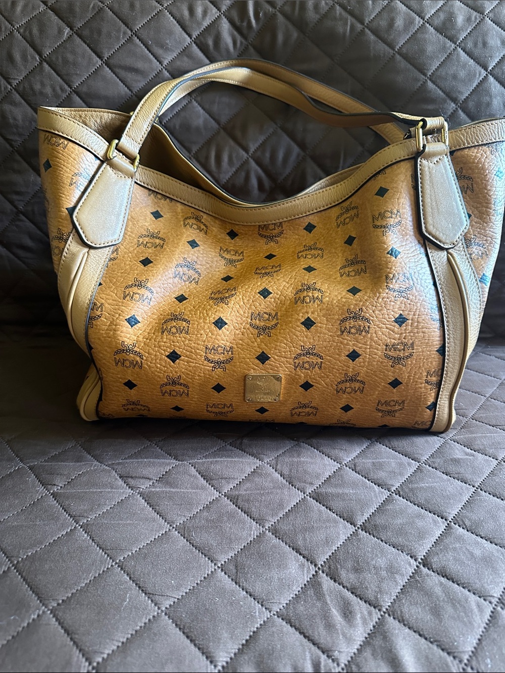 MCM Cognac Visetos Logo-Print Shoulder Bag with Tan Trim